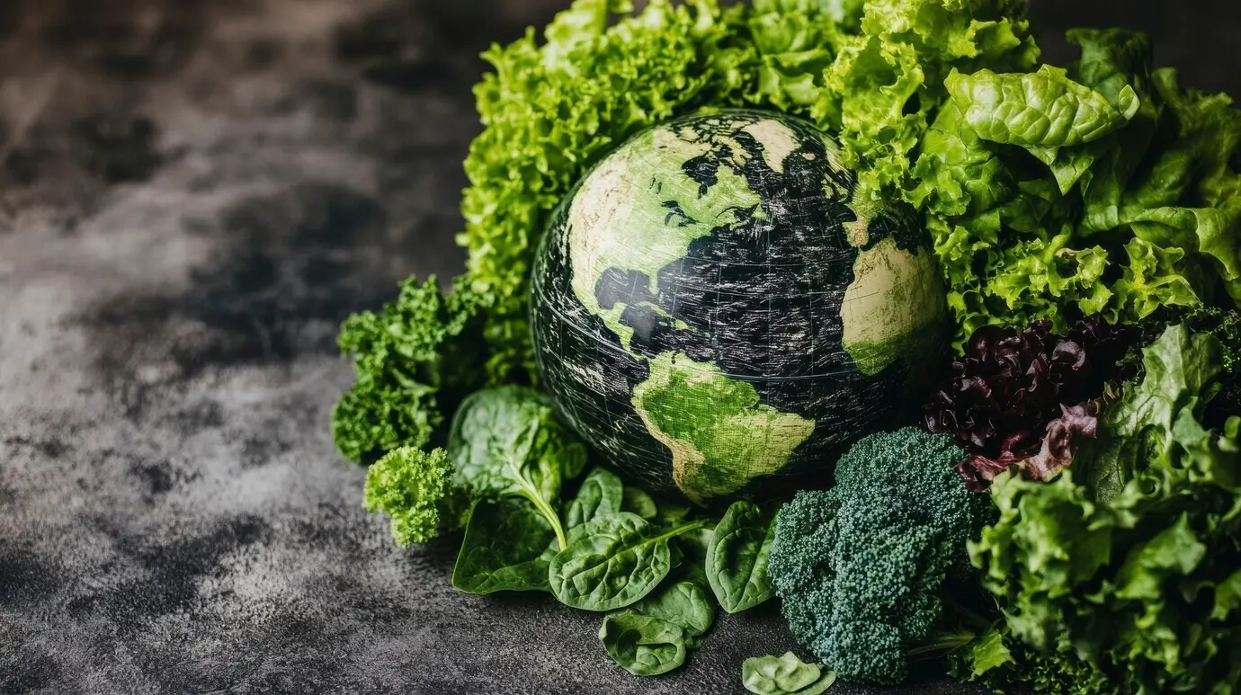 Шар мировой еды, заполненный или окружённый едой, для Всемирного дня продовольствия.